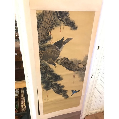 648 - A Japanese hanging scroll, decorated an eagle in a pine tree, signed, the image 93 cm x 38 cm