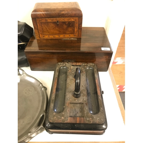 666 - A Victorian rosewood writing slope, bound in brass, 41 cm wide, an inlaid walnut tea caddy, 22 cm wi... 