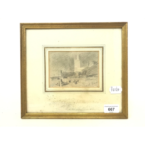 667 - Hercules Brabazon Brabazon, On the Rhine, pencil, initialled, 9 x 12.5 cm