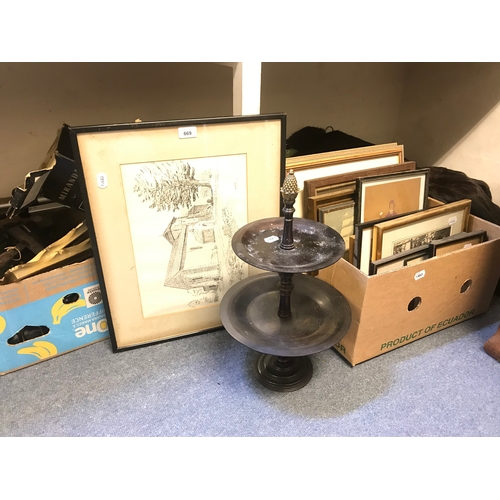 669 - A copper and wrought iron lamp, other metalwares, assorted pictures, ceramics, fur coats and other i... 