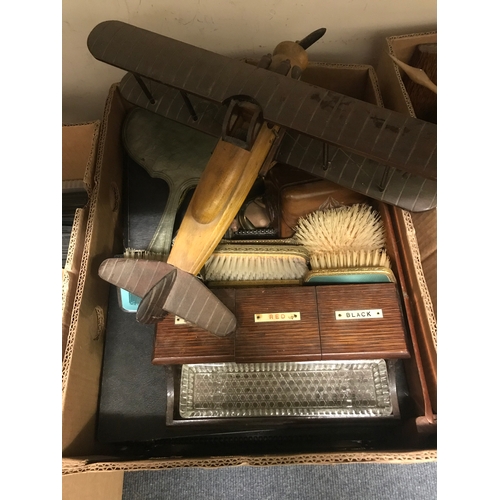 687 - A pair of horns, assorted boxes, metalwares and other items (3 boxes)
