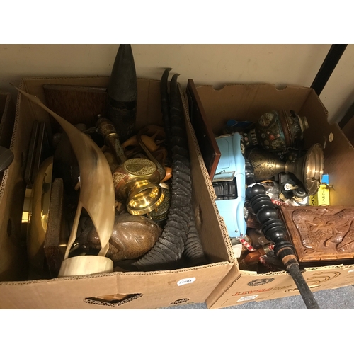 687 - A pair of horns, assorted boxes, metalwares and other items (3 boxes)