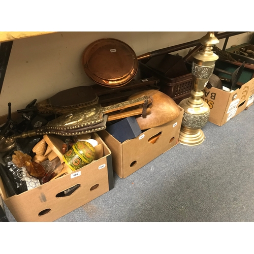 688 - A large brass lamp, a clock, a pair of bellows, a wooden waste paper basket, and other items (qty)