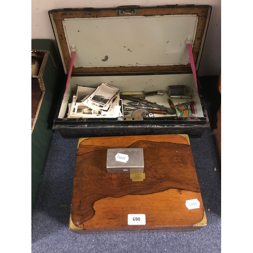 690 - Assorted lead toys, a rosewood writing slope, 30 cm wide, an Edwardian mantel clock, in an inlaid ma... 