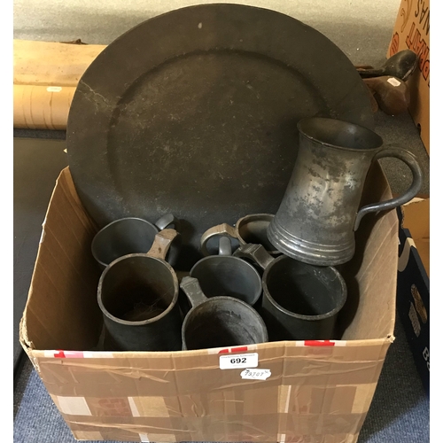692 - Assorted pewter mugs, and a charger (box)