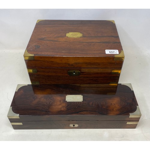 657 - A Victorian rosewood writing slope, bound in brass, 30cm wide, and a similar rosewood pen box, resto... 