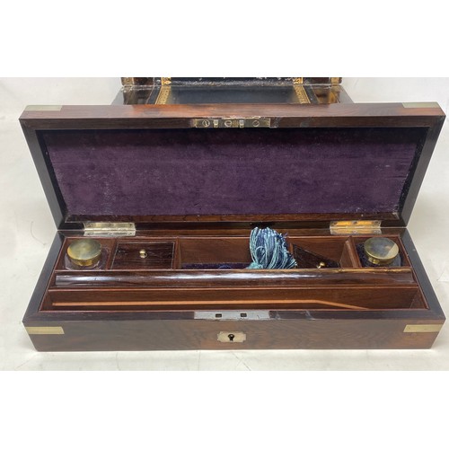 657 - A Victorian rosewood writing slope, bound in brass, 30cm wide, and a similar rosewood pen box, resto... 