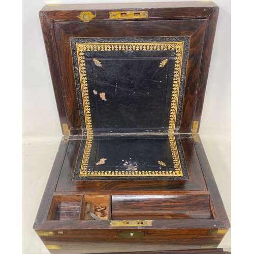 657 - A Victorian rosewood writing slope, bound in brass, 30cm wide, and a similar rosewood pen box, resto... 