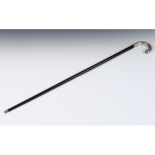 360 - A French Art Nouveau walking cane, with a silver coloured metal crook handle, on an ebonised shaft w... 