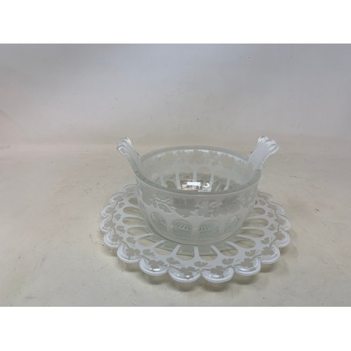 303 - A Bohemian white overlaid glass bowl and stand, decorated grapes and vine leaves, three Worcester ju... 