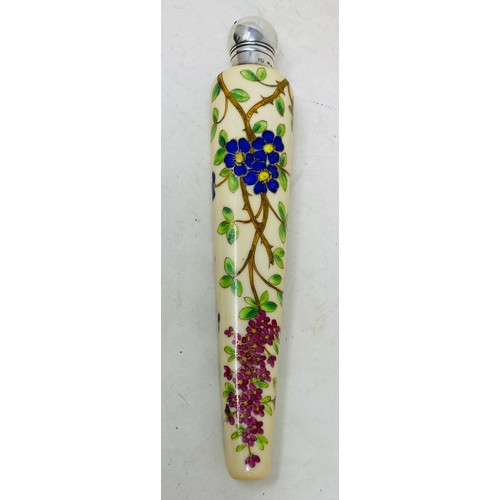 340 - A George V porcelain and silver mounted scent bottle, decorated flowers, highlighted in gilt, 21 cm