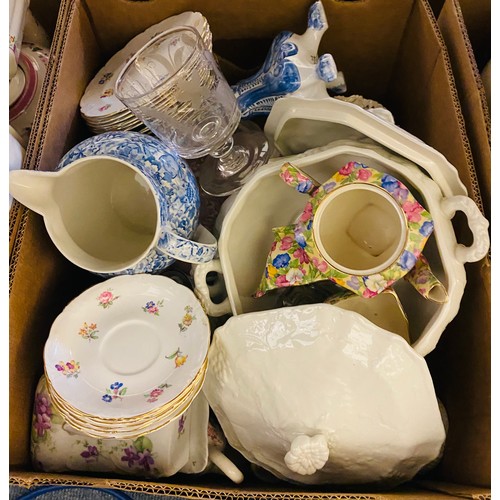 335 - A Royal Winton chintz teapot, a sugar bowl and cream jug, and other ceramics (4 boxes)