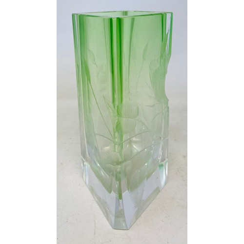 344 - A Moser green tinted glass vase, decorated flowers, signed and dated '98, 18 cm high