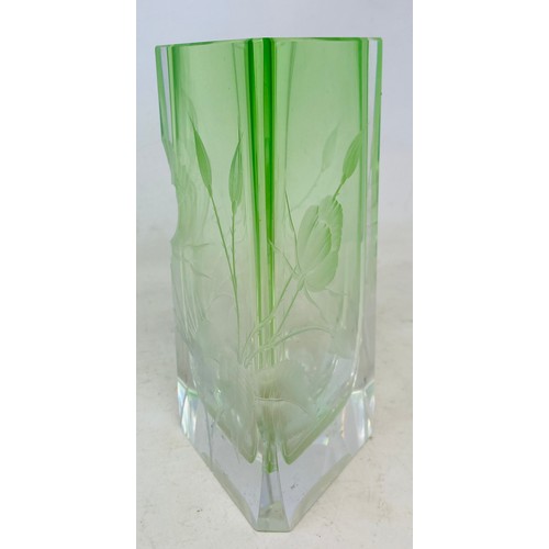 344 - A Moser green tinted glass vase, decorated flowers, signed and dated '98, 18 cm high