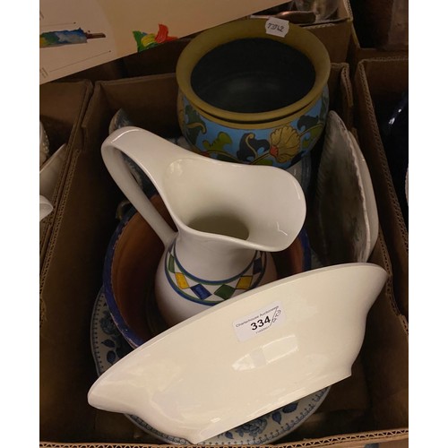 334 - A Portmeirion tureen and cover, a stoneware twin handled bowl, and various other ceramics (4 boxes)