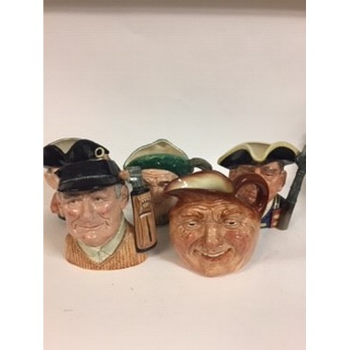 612 - A Royal Doulton character jug, the Golfer D6623, The Guardsman D6568, The Night Watchman D6569, Auld... 