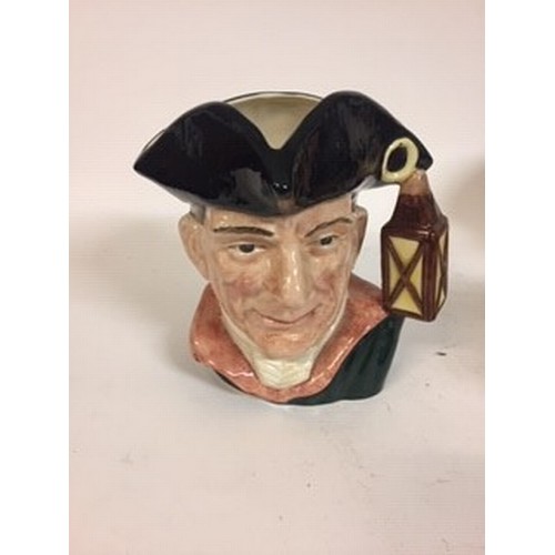 612 - A Royal Doulton character jug, the Golfer D6623, The Guardsman D6568, The Night Watchman D6569, Auld... 