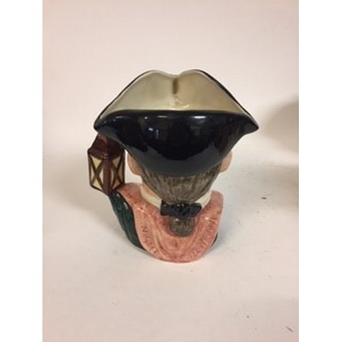 612 - A Royal Doulton character jug, the Golfer D6623, The Guardsman D6568, The Night Watchman D6569, Auld... 
