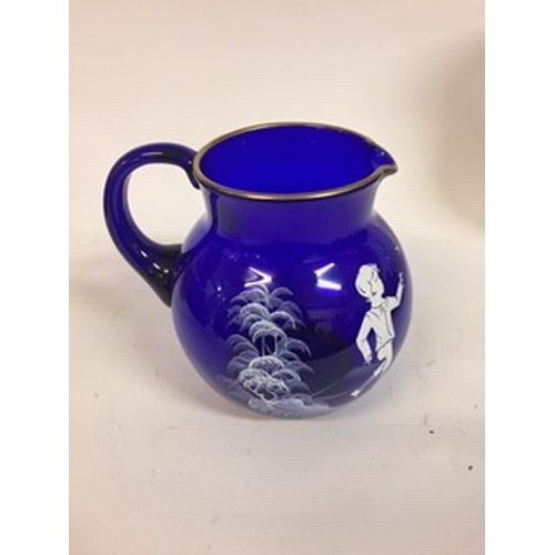 607 - A Mary Gregory style blue glass jug, 18 cm high, an opaque glass vase, painted flowers, 35 cm high, ... 