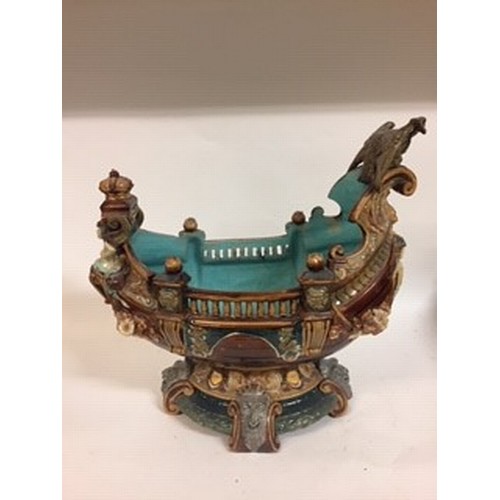 602 - A Wilhelm Schiller & Son majolica centerpiece, in the form of a boat, W S & mark to base and numbere... 