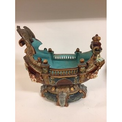 602 - A Wilhelm Schiller & Son majolica centerpiece, in the form of a boat, W S & mark to base and numbere... 