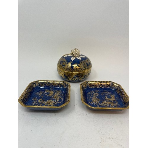 619 - Five Royal Worcester cabinet plates, a pair of glass decanters, and various other ceramics (box)