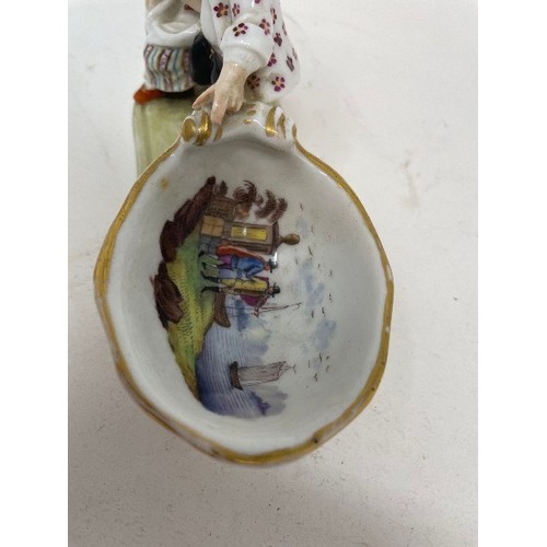 623 - A Meissen figural salt, the bowl interior painted figures and ships, 15 cm wide