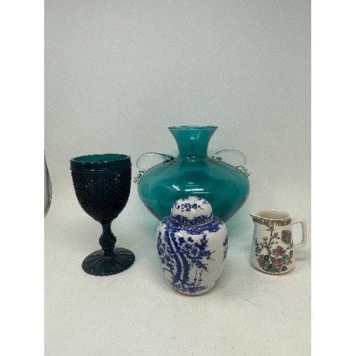 625 - A pair of Art Noveau style lustre glass vases, 11 cm high, other glass and assorted ceramics (two bo... 