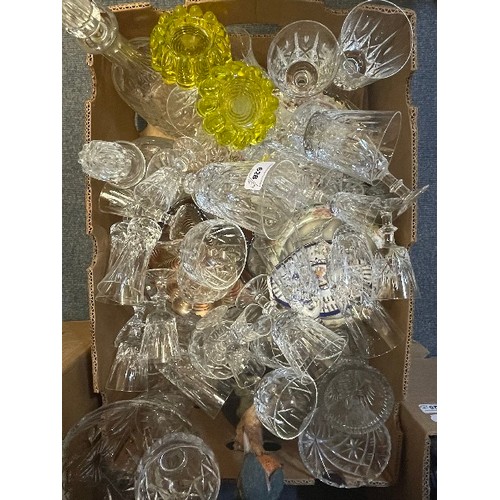 628 - A pair of Staffordshire flat back spaniels, various other ceramics and glass (4 boxes)