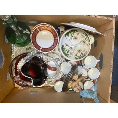 628 - A pair of Staffordshire flat back spaniels, various other ceramics and glass (4 boxes)