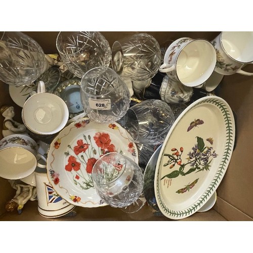 628 - A pair of Staffordshire flat back spaniels, various other ceramics and glass (4 boxes)