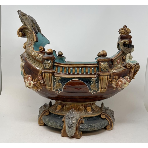 602 - A Wilhelm Schiller & Son majolica centerpiece, in the form of a boat, W S & mark to base and numbere... 