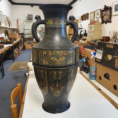 650 - A large Chinese bronze cloisonné vase, blue ground, decorated stylised geometric forms, impressed ma... 