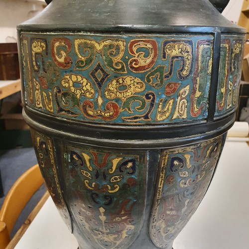 650 - A large Chinese bronze cloisonné vase, blue ground, decorated stylised geometric forms, impressed ma... 