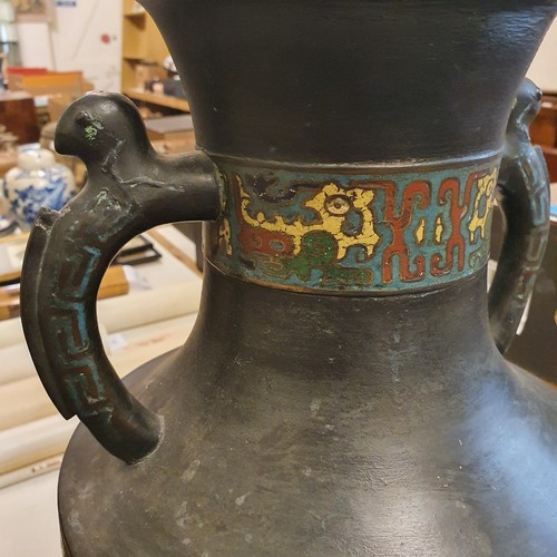 650 - A large Chinese bronze cloisonné vase, blue ground, decorated stylised geometric forms, impressed ma... 