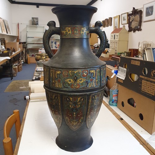 650 - A large Chinese bronze cloisonné vase, blue ground, decorated stylised geometric forms, impressed ma... 