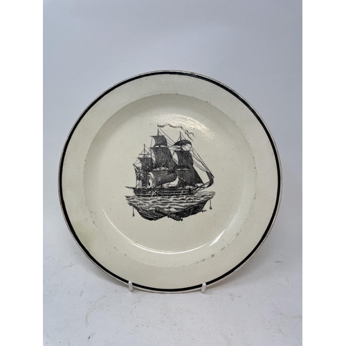 570 - A 19th century creamware plate, bat-printed with a galleon, 25 cm diameter