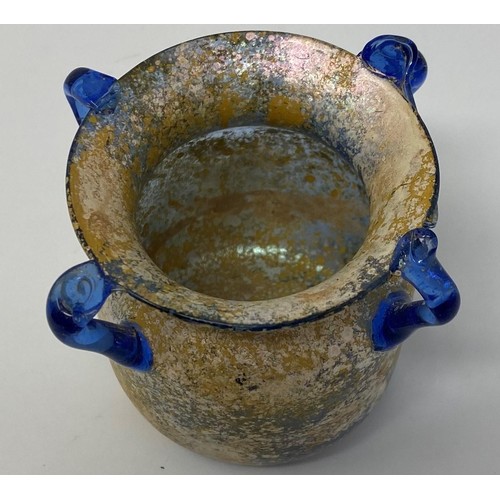 563 - A Roman style glass jar, with blue handles, 6 cm...