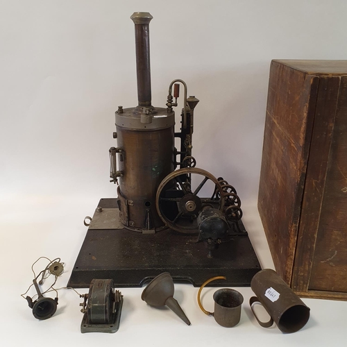 351 - An early/mid 20th century vertical steam engine, on a plinth base, with attached pulleys, 50 cm high... 