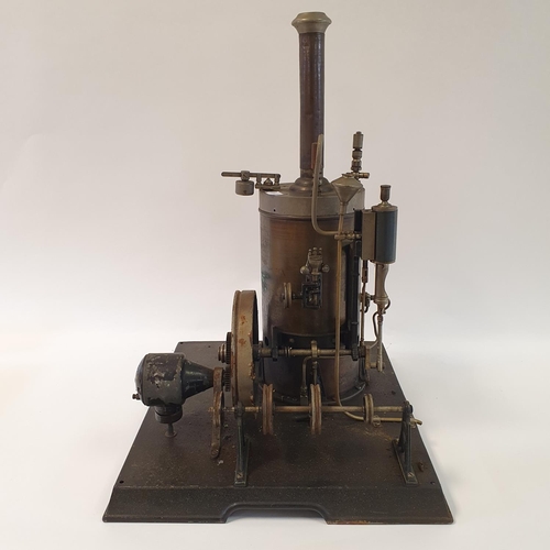 351 - An early/mid 20th century vertical steam engine, on a plinth base, with attached pulleys, 50 cm high... 