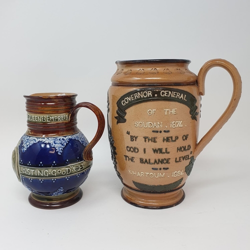 506 - A Doulton Lambeth commemorative jug, General Gordon 20 cm high, and a Doulton commemorative jug, Que...