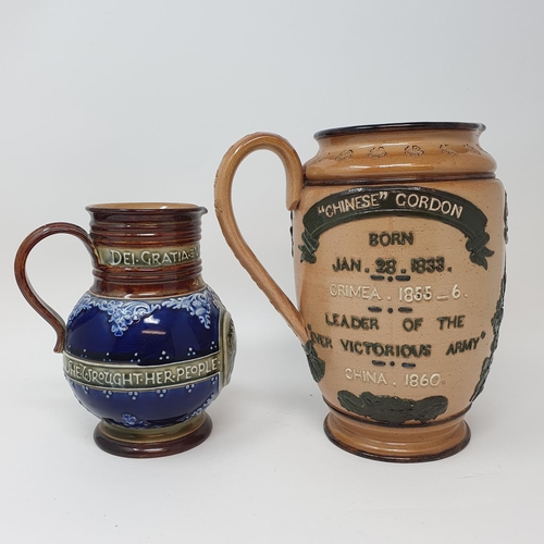 506 - A Doulton Lambeth commemorative jug, General Gordon 20 cm high, and a Doulton commemorative jug, Que...