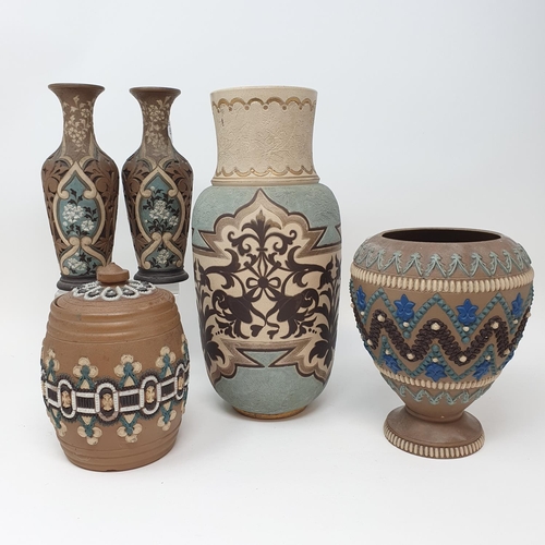 507 - A Doulton Lambeth vase, 27 cm high, a tobacco jar, 15 cm high and three other item (5)...