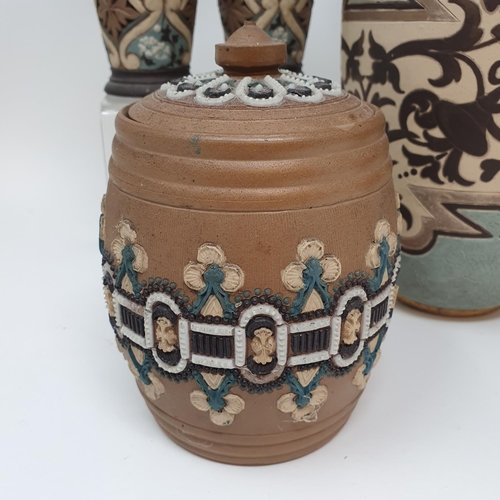 507 - A Doulton Lambeth vase, 27 cm high, a tobacco jar, 15 cm high and three other item (5)...