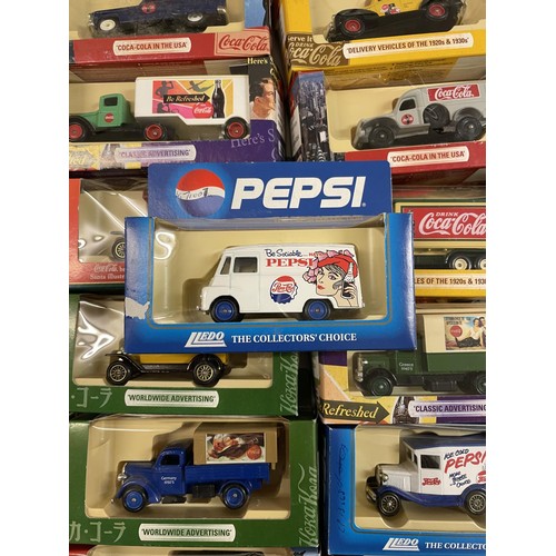 358 - A Lledo promotional van, Pepsi, and 62 other promotional vans, buses and cars (box)