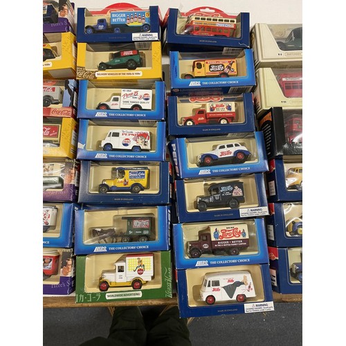 358 - A Lledo promotional van, Pepsi, and 62 other promotional vans, buses and cars (box)