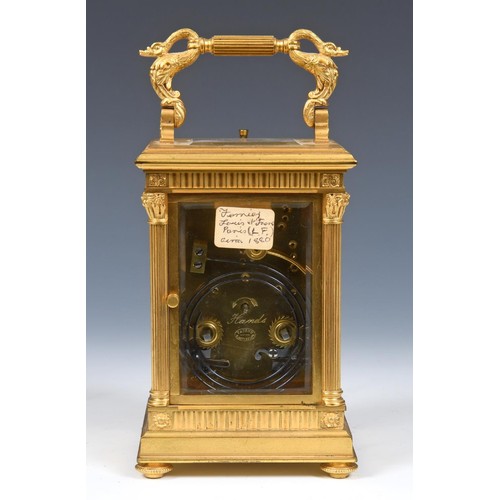 241 - A good carriage clock with repeat, the 5.5 cm diameter dial with Arabic numerals and painted floral ... 