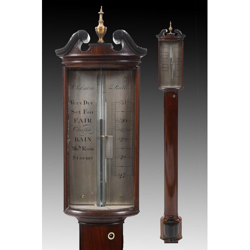 264 - A stick barometer, the silvered register signed P Salmoni Bath, in an inlaid mahogany bow front case... 