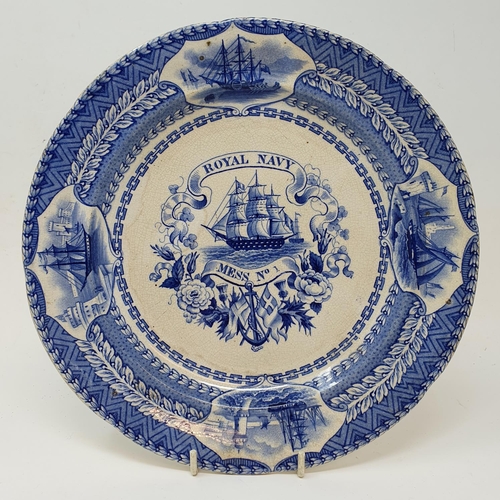 18 - A 19th century Royal Navy Mess No 1 pottery plate, with Fletcher & Miller, Butcher St Portsea mark, ... 