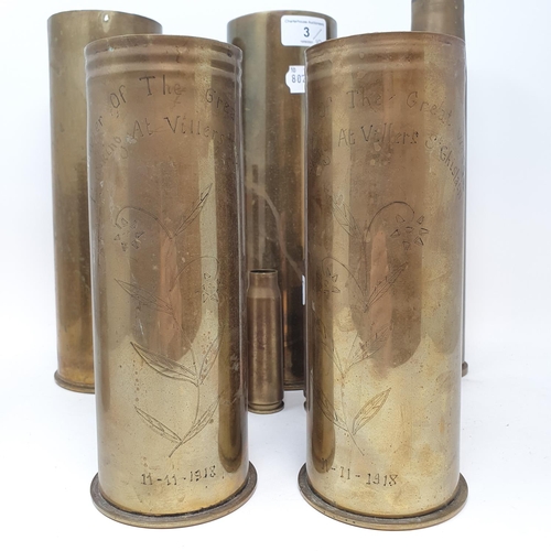 3 - A pair of WWI trench art brass shell cases, 'Souveir (sic) of the Great Fenisking at Villers St Ghis...